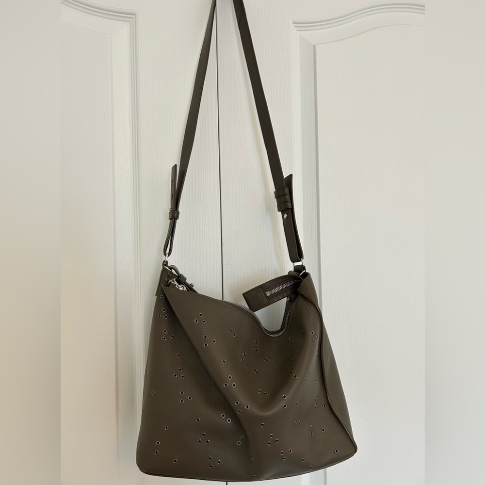 All saints shoulder/crossbody bag in storm grey with metal detailing